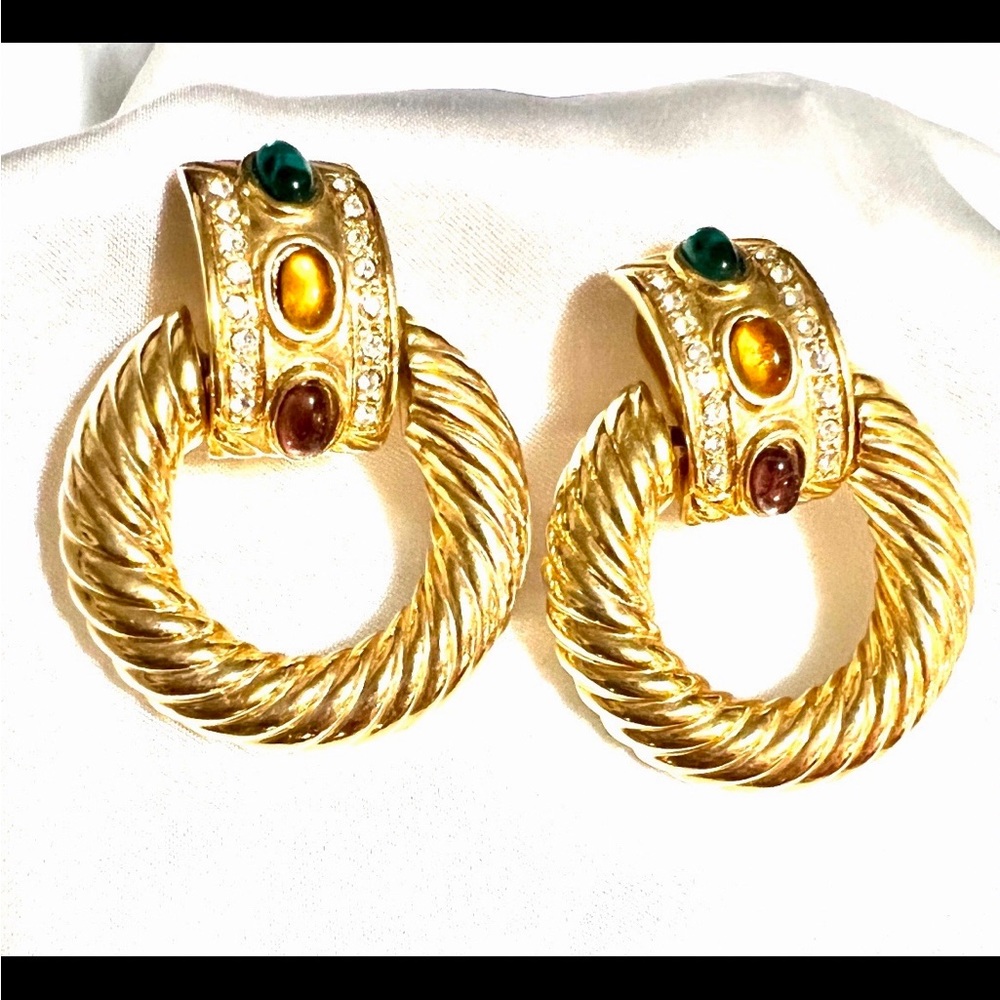 Vintage Gold Cabochon Hoop Earrings